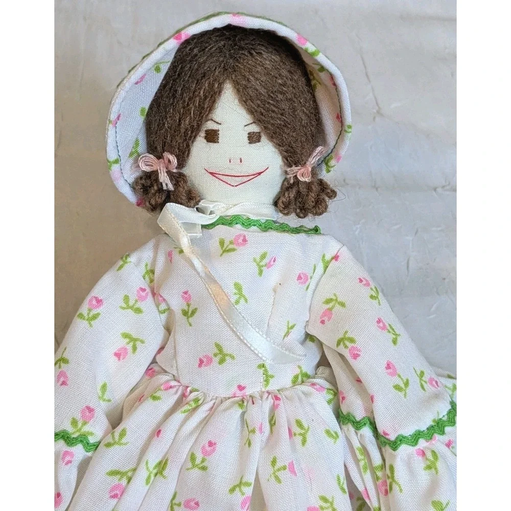 70s Cloth Doll Handmade Yarn Hair Embroidered Rag Country Signed Cottagecore 13